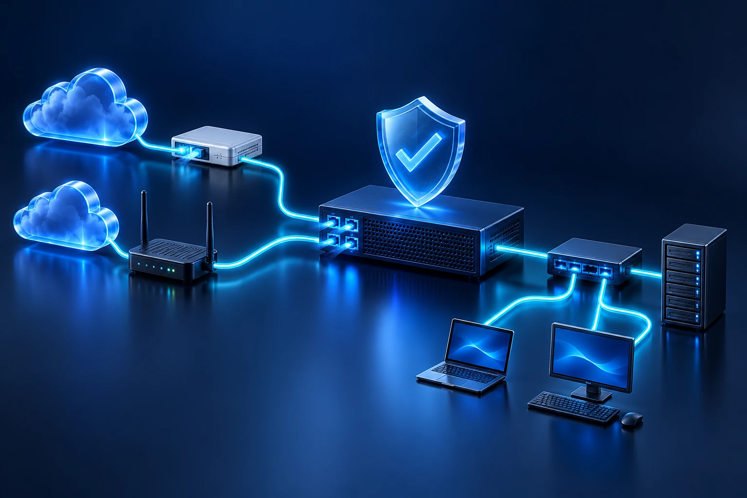 Due connessioni internet indipendenti convergono in un firewall che protegge la rete aziendale