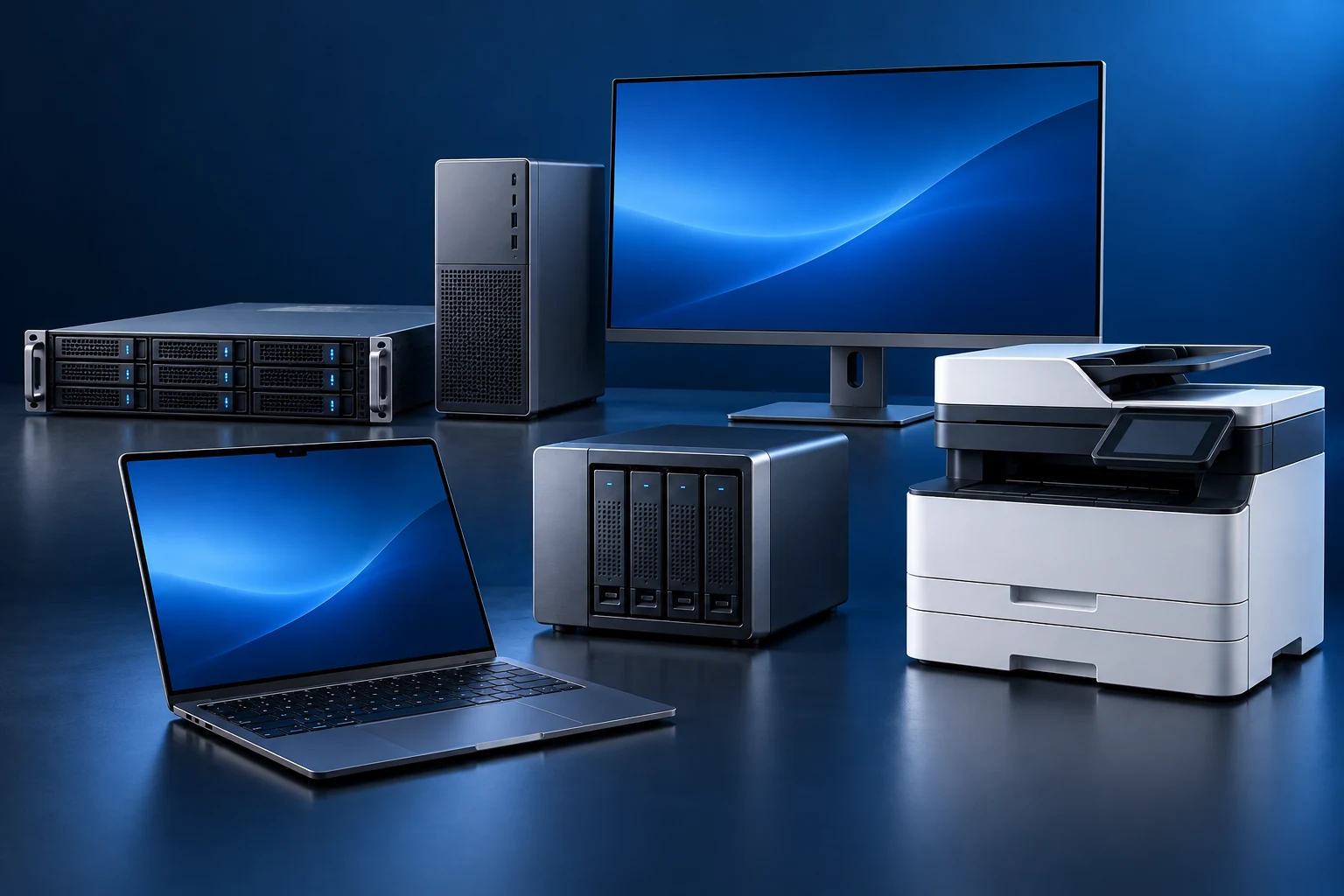 Composizione illustrativa di server, desktop, monitor, notebook, NAS e multifunzione