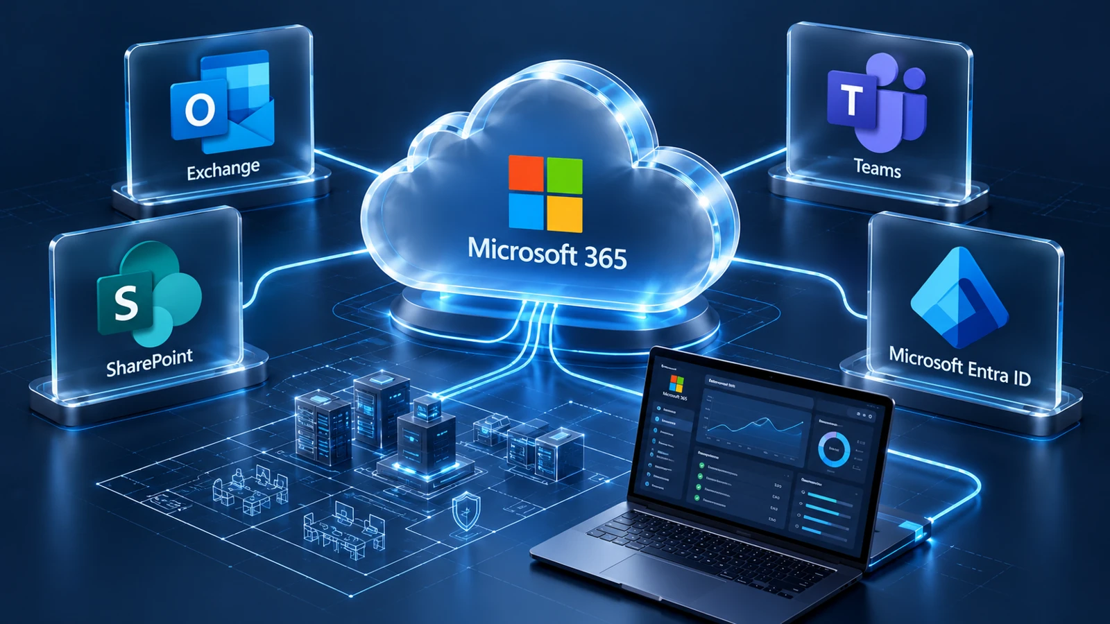 Illustrazione di un’infrastruttura Microsoft 365 con Exchange, Teams, SharePoint e Microsoft Entra ID
