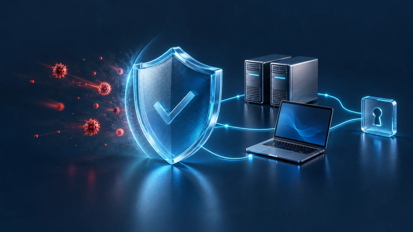 Visual illustrativo della protezione di computer, server, rete e accessi aziendali