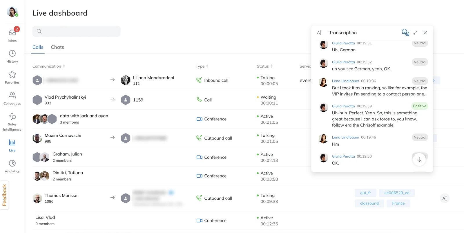 Visual ufficiale della dashboard delle chiamate x-bees